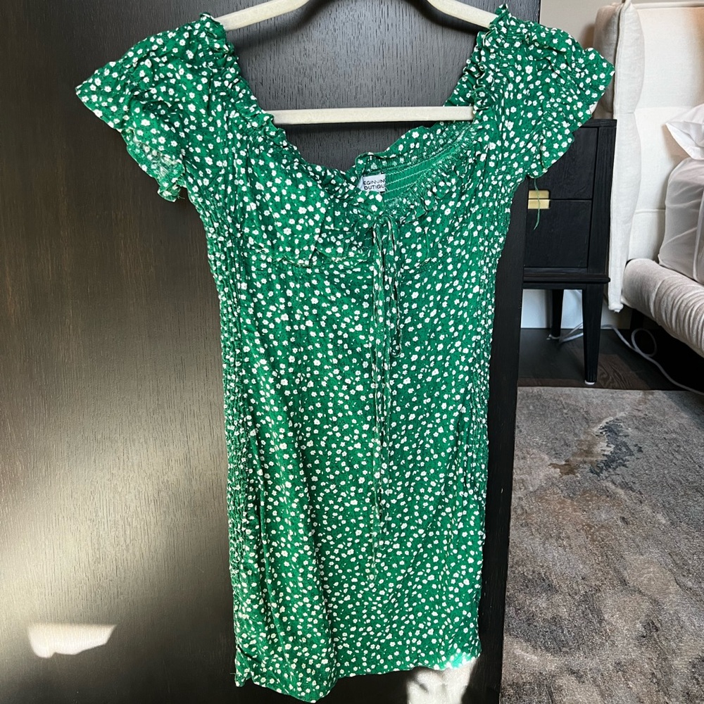 Beginning Boutique Green Smocked Off the Shoulder Dress with White Flowers